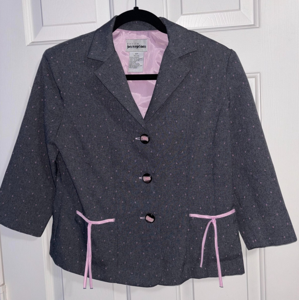 Petite Perceptions 2 Pc Pant Suit Charcoal Pink Embroidered Set 6P